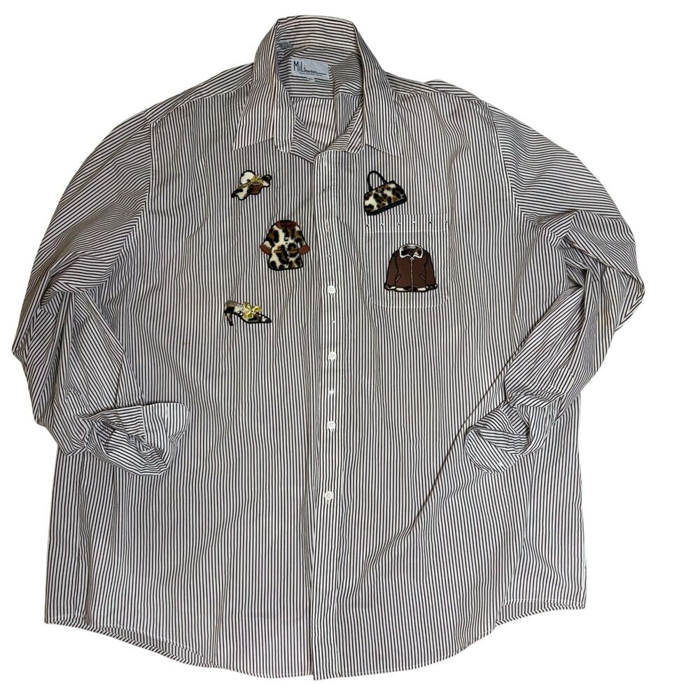 Y2K Leopard Appliqué Striped Button Down Shirt 2X Novelty Blouse
